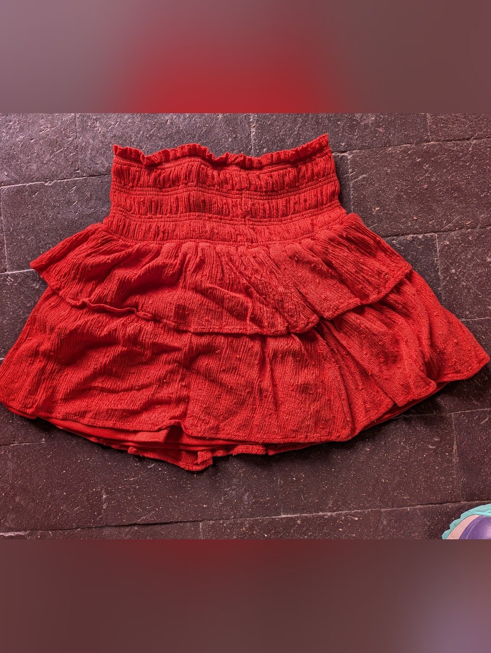 Altar’d State Tiered Mini Skirt in Rust Red Orange Textured